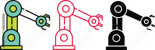 Three colorful robotic arms with different colored joints and bases on white background