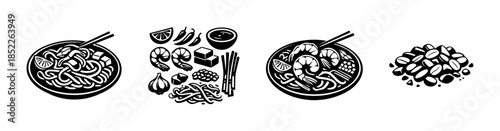 Noodle and shrimp dishes, ingredients and spices, flat vector illustration