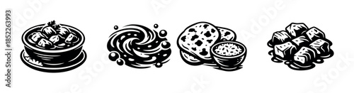 Traditional indian cuisine dishes, curry, flatbread, flat vector illustration