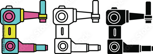 Three colorful robotic arms with different colored joints and mechanical parts mechanical arms
