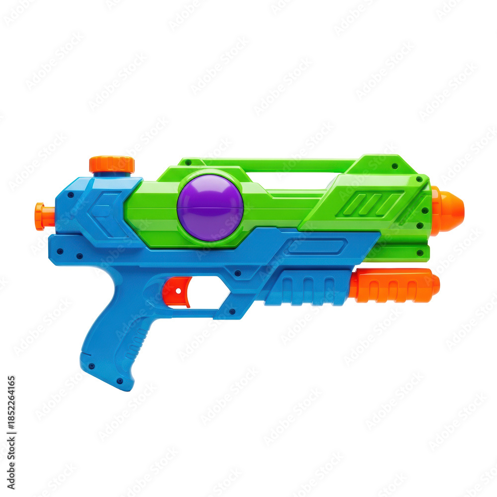 Naklejka premium A single hyper-realistic supersoaker water gun toy, neon green, electric blue, and purple, high-gloss studio product shot on a transparent background. Concept of summer fun and games