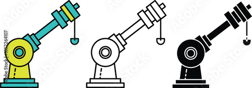 Three colorful robotic arms with grippers on white background industrial robot mechanical arm