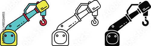 Three colorful robotic arms with hooks and square bases in style industrial robot mechanical arm