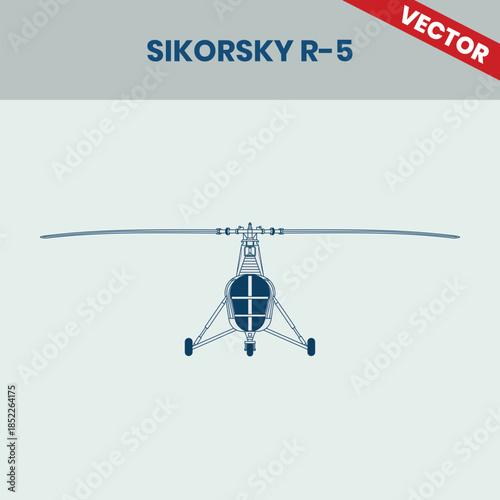 Technical Line Drawing of Helicopter Sikorsky R-5 2D Engineering Rendering Sketch Vector Illustration Front View Angle