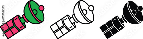 Three colorful satellite dishes with green pink and black colors