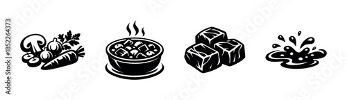 Vegetable soup and ingredients, flat vector illustration with cubes and splash