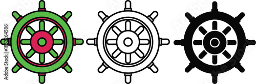 Three colorful ship steering wheels in green red and black nautical wheel green wheel