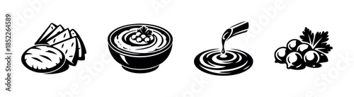 Soup, cheese, pouring sauce, berries, flat vector illustration food elements