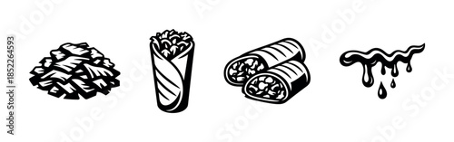 Mexican food vector illustration. Burritos, nachos, sauce flat vector style