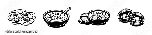 Soup and clam dishes, flat vector illustration, chowder, seafood bowls