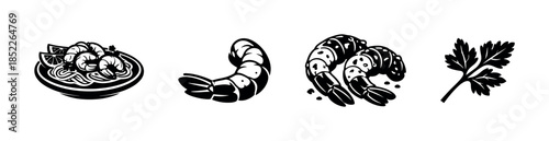 Seafood and shrimp elements, parsley accent, flat vector illustration