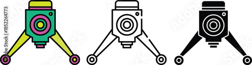 Three colorful tripod mounted cameras with different color schemes and lens black