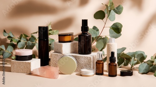 Natural skincare display with amber jars and eucalyptus for clean beauty wellness product branding photography
