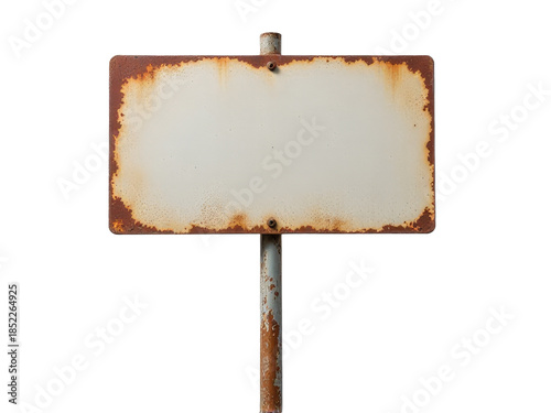 A worn-out metal sign with a white background, featuring a distressed finish