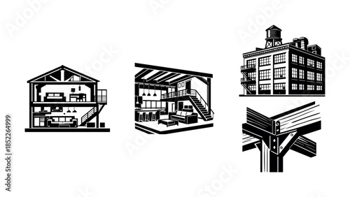 Industrial architecture vector illustration with loft designs, flat vector style