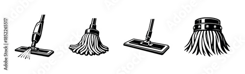 Cleaning brush collection, scrubbers and bristles, flat vector illustration