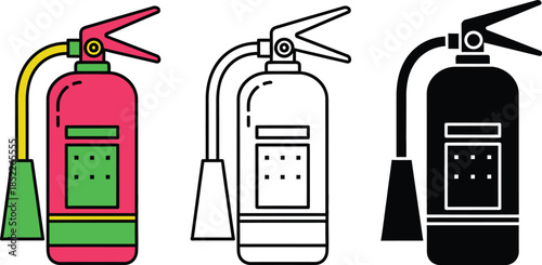 Three fire extinguishers in red green and black with hose attachments