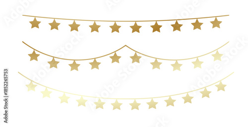 elegant golden star garland decorations hanging in soft curves on a clean white background creating a festive minimalist celebration design for holidays weddings and parties