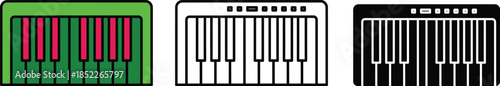 Three illustrated keyboards with different colors and keys highlighted musical instrument