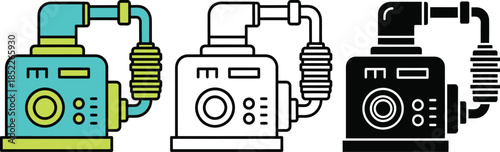 Three industrial vacuum cleaners with colorful hoses and coiled cords in blue, gray, and black