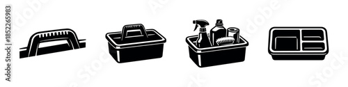 Cleaning supplies set, flat vector illustration, detergent, spray, brush