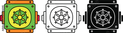 Three mechanical gears with green yellow and black colors connected in a row
