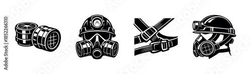Gas mask elements, respirators and filters, flat vector illustration
