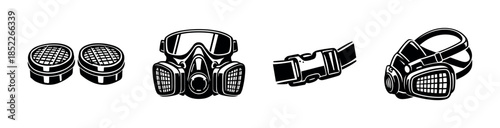 Gas mask elements, respirators and filters, flat vector illustration