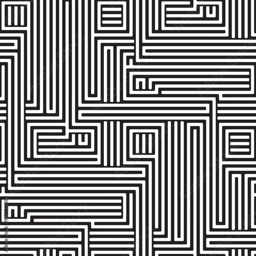 Full Seamless white and black labyrinth stripe pattern for clean modern print background. Minimal maze line geometry for interior wallpaper, textile, branding. Bold monochrome design.