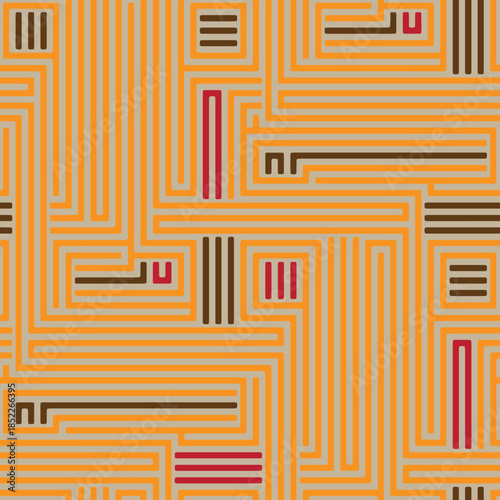 Full Seamless retro maze block pattern for warm print background. Orange lines with earthy brown accents. Vintage vector texture for midcentury decor, fabric and wrapping paper.