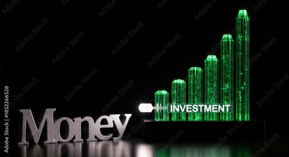 Fototapeta premium Abstract Glowing Green Fiber Optic Stock Market Graph Sculpture with Silver Wooden Money Word - Financial Growth and Investment Concept