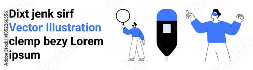 Two animated characters in blue outfits, one holding a balloon and the other exploring VR. Nearby, a pen-thumbs up object. Ideal for technology, creativity, fun, design, minimalism teamwork simple