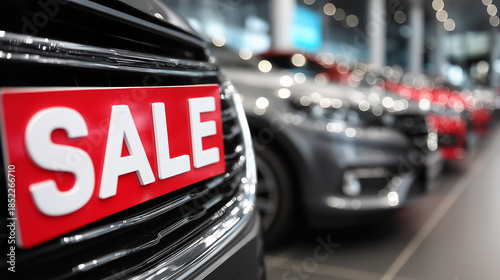 A close-up of a SALE sign prominently featured at a car dealership, with a blurred background showcasing multiple cars ready for purchase.
