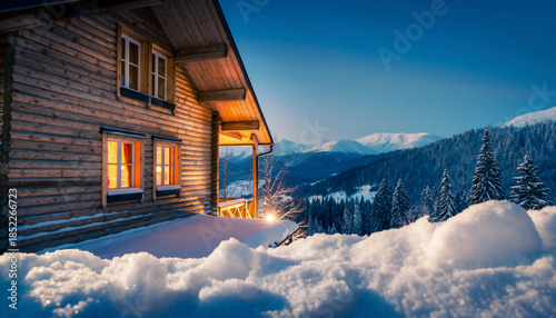 Picturesque Winter Cottage with Glowing Windows and Snow-Covered Hills