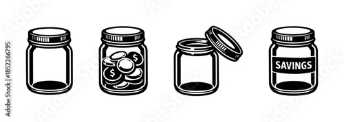 Savings and coins in jars, flat vector illustration, black and white icons