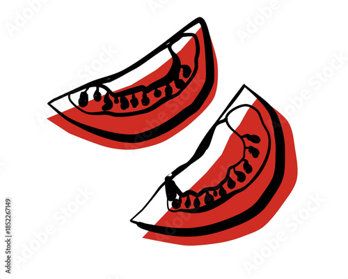 Two Hand Drawn Red Tomato Slices with Seeds isolated. Vector tomatoes doodle illustration food concept for menu design element.