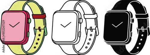 Three smartwatches with different colored bands and digital watch wristwatch technology
