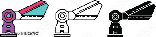 Three stylized robotic arms with different colored attachments on white background mechanical arm