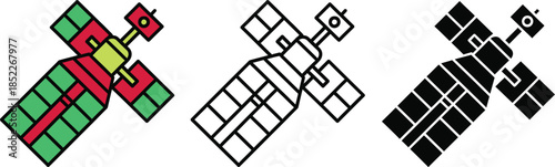 Three stylized satellite with colorful and monochrome space