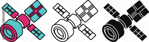 Three stylized satellites with colorful solar panels in a row space technology