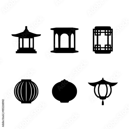 Silhouette of East Asian Lanterns and Pavilions in Vector Style