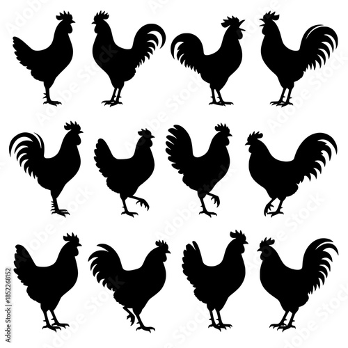 Grid of Black Rooster Silhouettes in Varied Poses