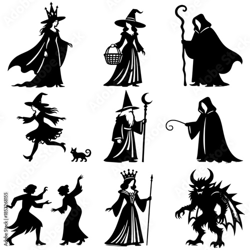 Silhouette Collage of Witch, Wizard, Queen, Dragon and Other Fantasy Figures in Black Vector Cutouts