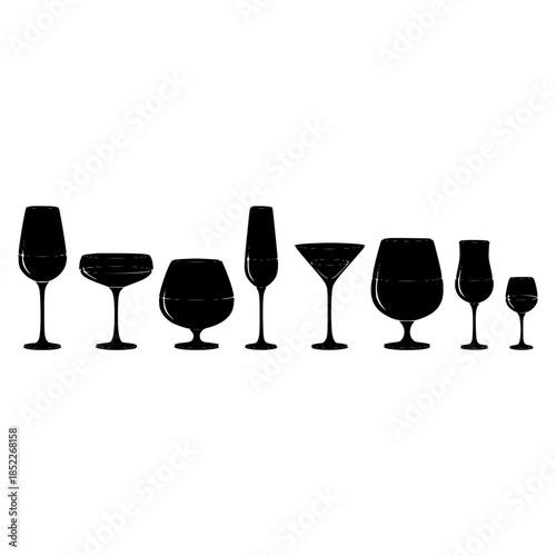 Row of Silhouetted Glassware: Minimal Vector Illustration on White Background