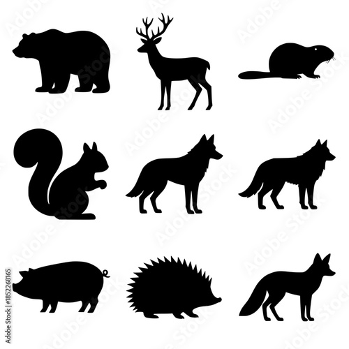 Vector Silhouette Gallery of Forest Animals: Bear, Deer, Otter, Squirrel, Wolf, Fox, Boar, Hedgehog