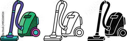 Three vacuum cleaners in green purple and black colors with handles and wheels green vacuum