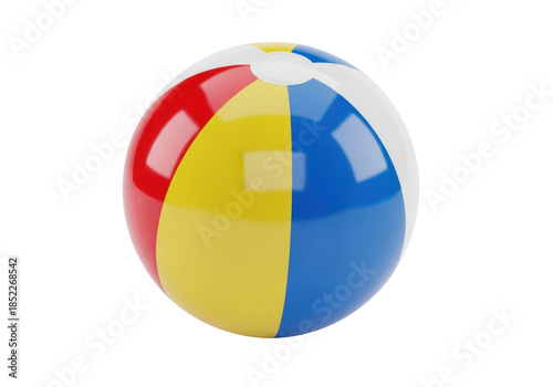 Free Download classic glossy pvc beach ball with bright red, yellow, and blue primary stripes, perfectly spherical, isolated on a transparent high-key background with ample copy space. Concept of joyful summer - GFXLoad