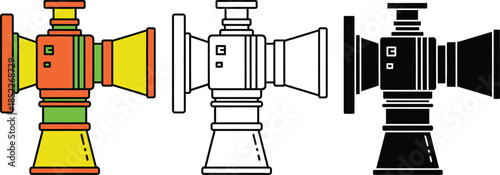 Three vintage cameras with different colored lenses and light rays