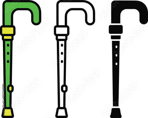 Three walking canes with different colors and standing upright mobility aid green cane