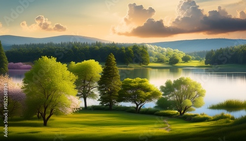 A Painting Of A Landscape With Trees And A Lake